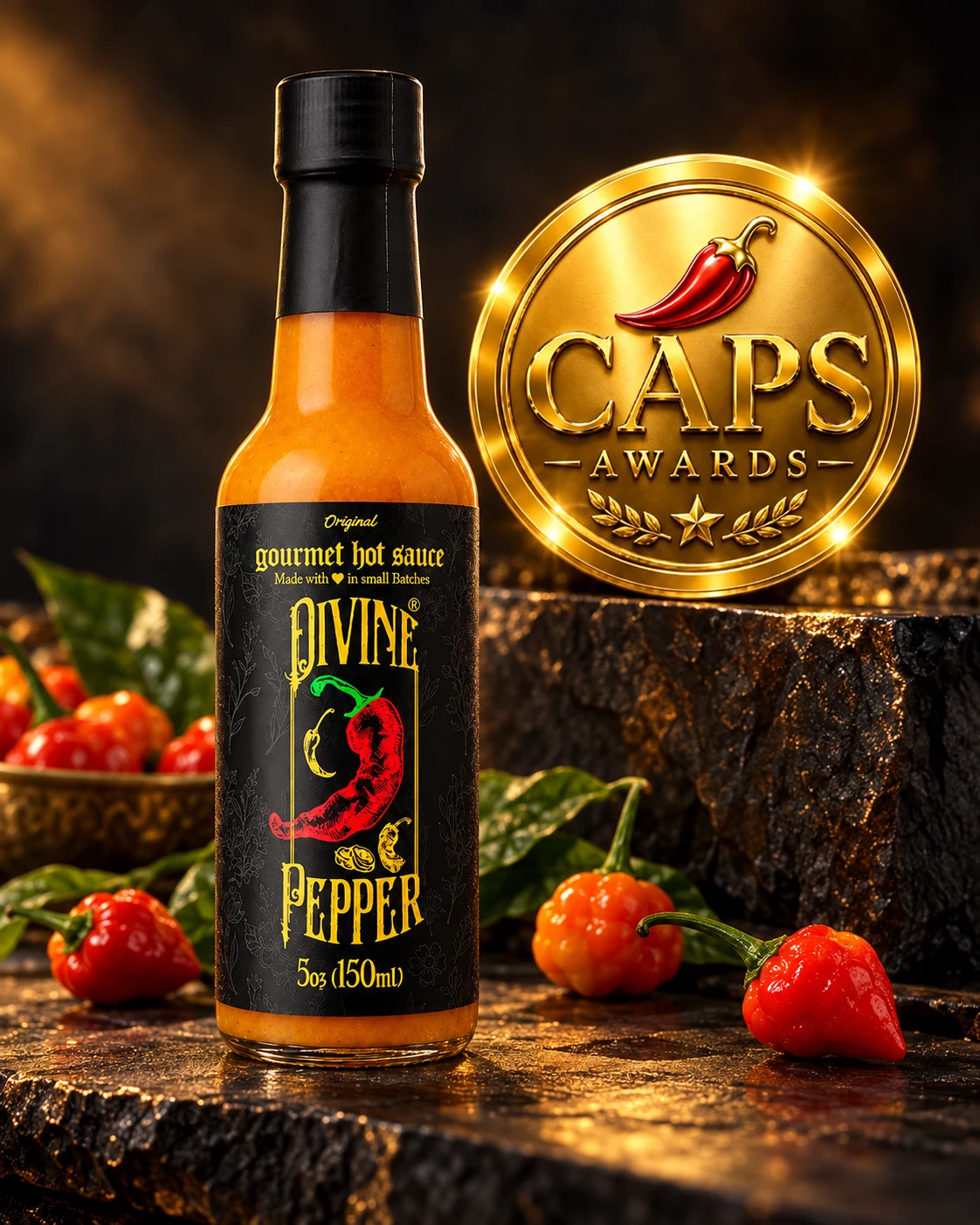 Divine Peppers Original bottle with the CAPS Awards medal