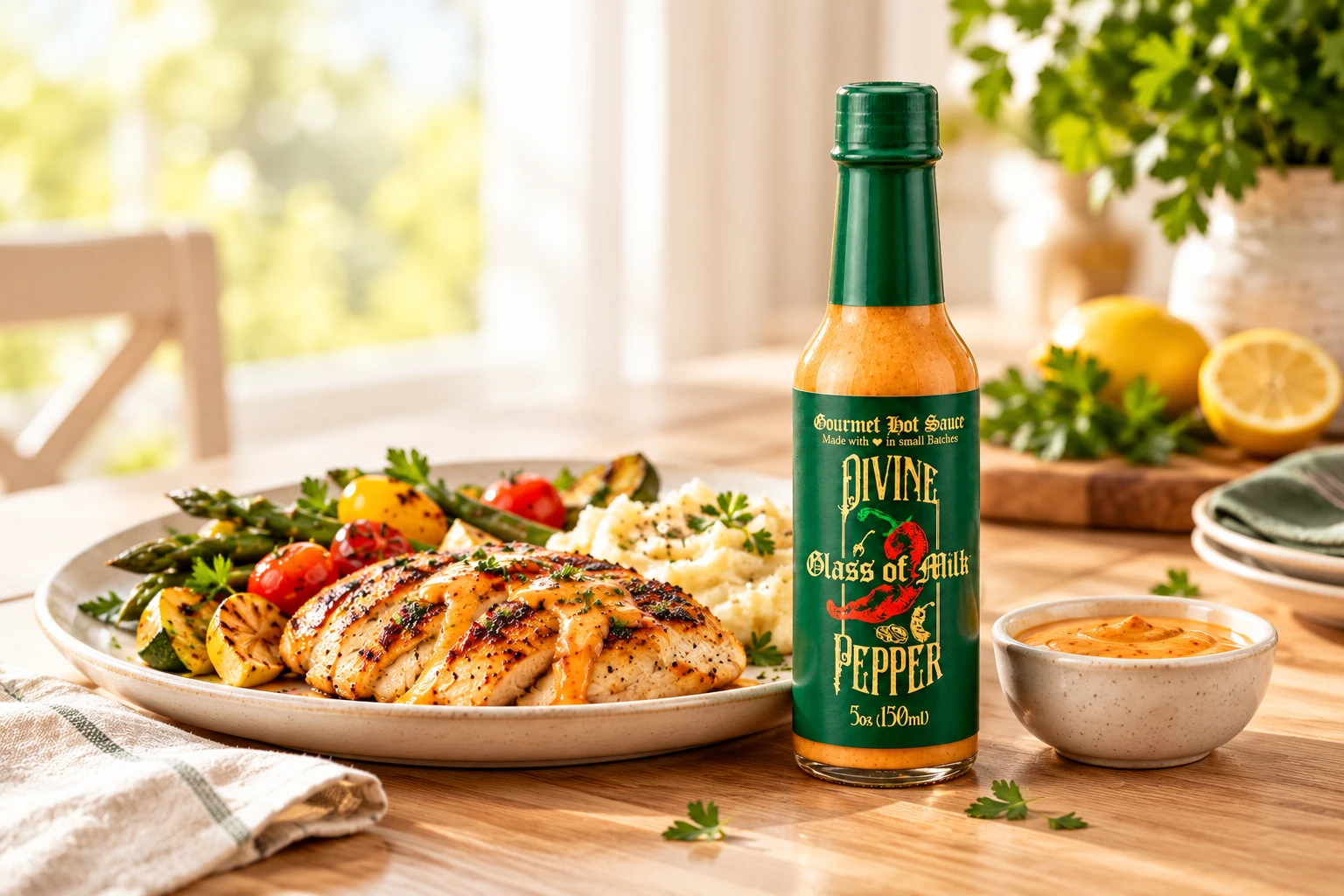 Grilled chicken with Glass of Milk hot sauce
