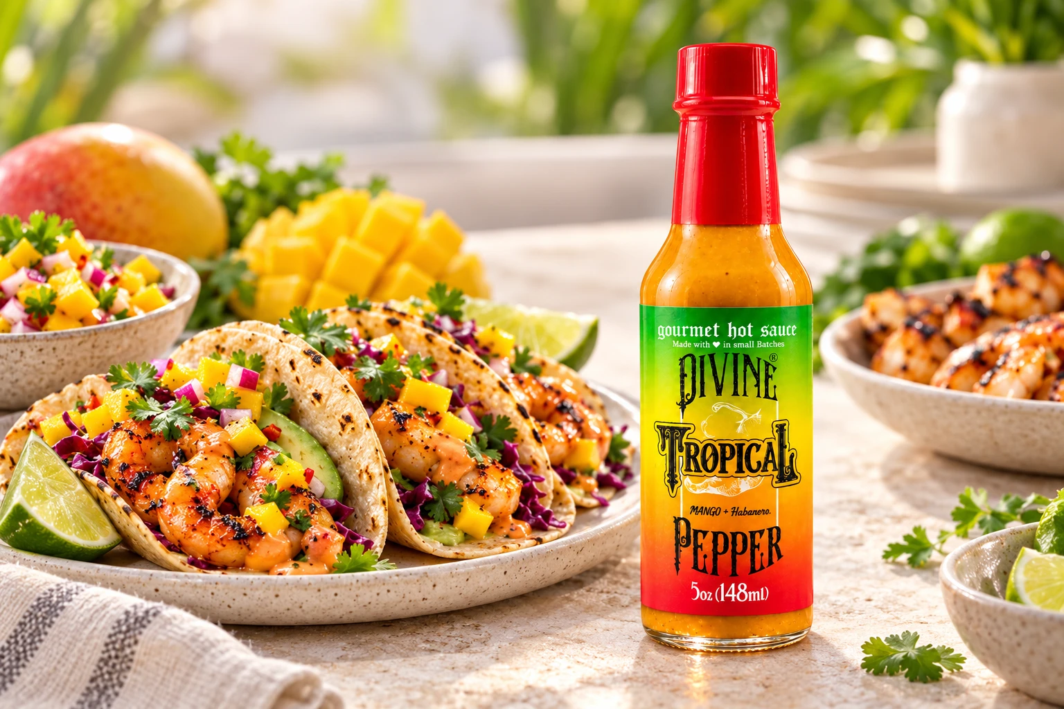 Shrimp tacos with Divine Peppers Tropical hot sauce