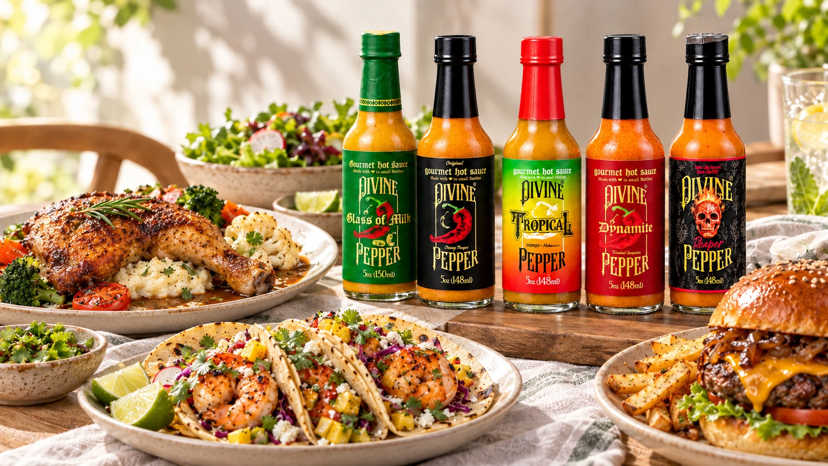 Five Divine Peppers hot sauces paired with real gourmet dishes