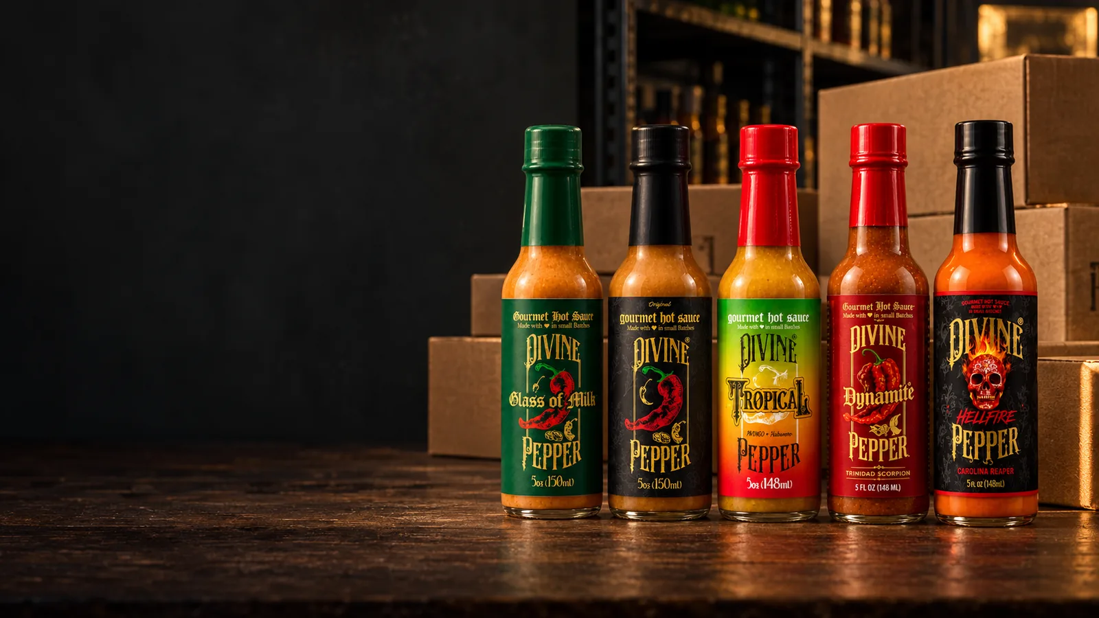 Divine Peppers sauces lined up in front of shipping boxes
