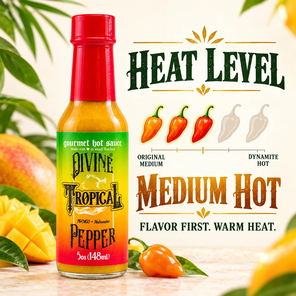 Divine Peppers Tropical Mango Habanero hot sauce, Medium Hot