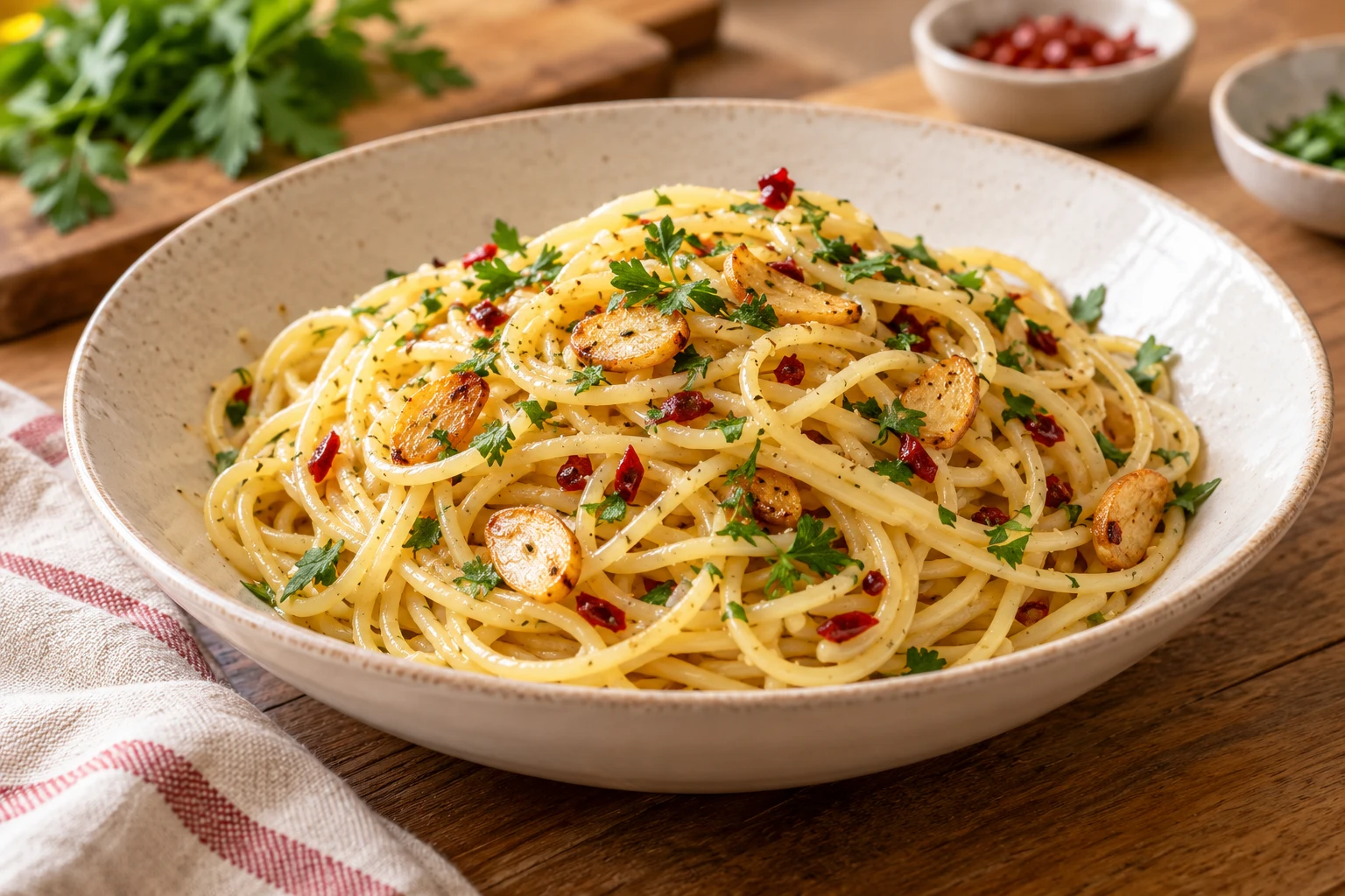 Garlic and olive oil spaghetti made with Divine Peppers Original sauce